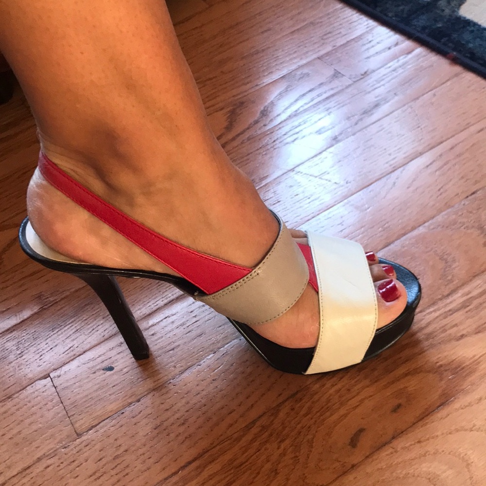 Women’s multi color leather heels.
